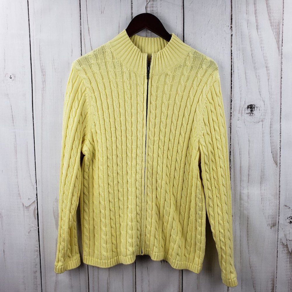 LL Bean 1X Yellow Cotton Zip Up Cable Knit Sweater